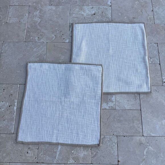 Set of 2 Pottery Barn Basket Weave Pillow Covers 20”x20” Ivory Tan Trim Cotton - Picture 1 of 5